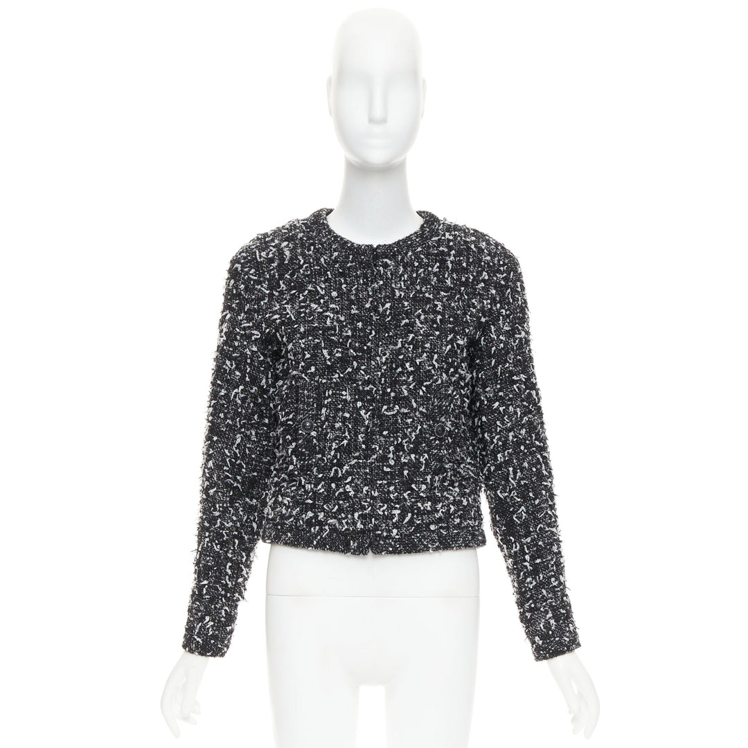 CHANEL 2019 speckle black white tweed collarless CC buttons jacket FR34 XS