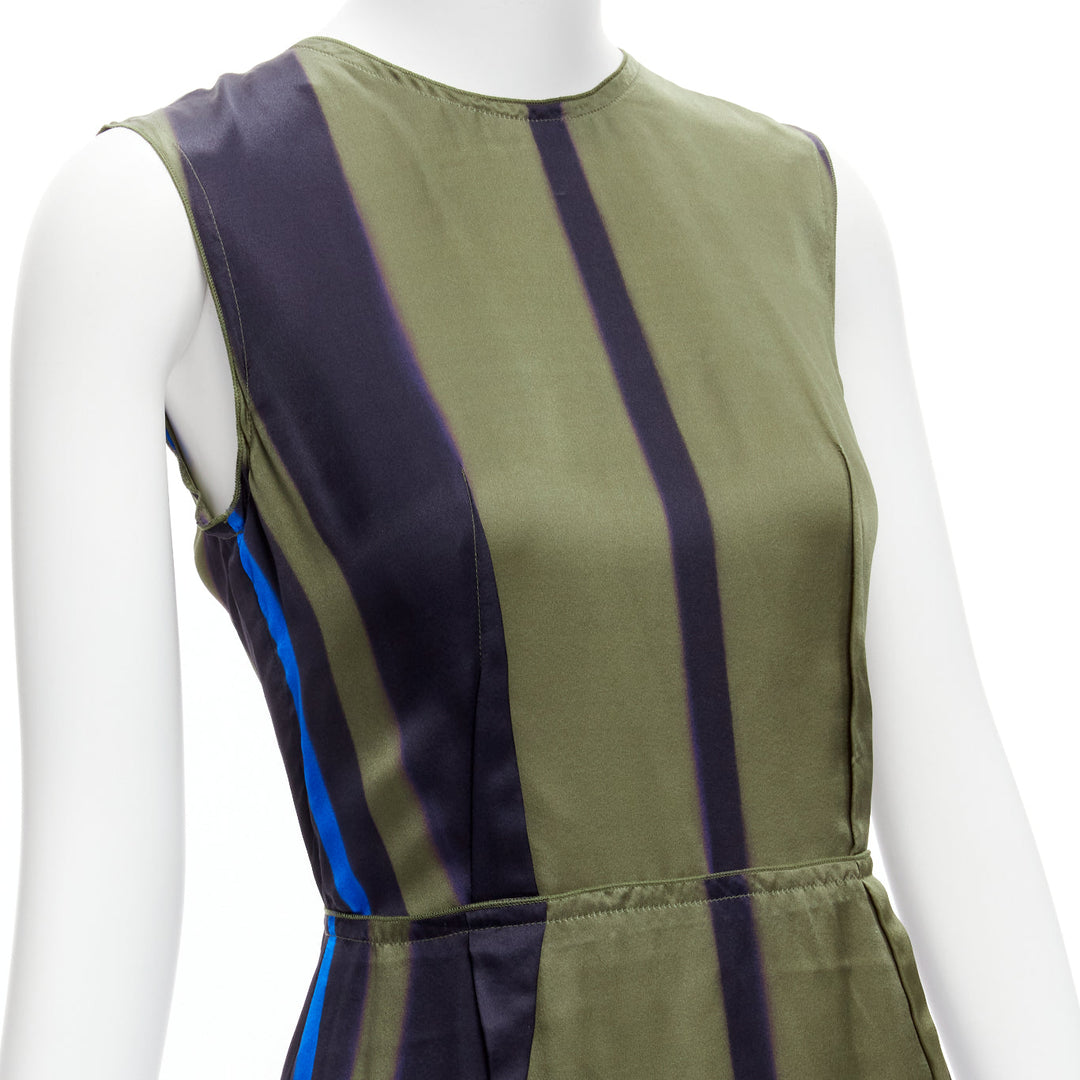 LANVIN 100% silk khaki blue abstract invert darts dress FR36 S