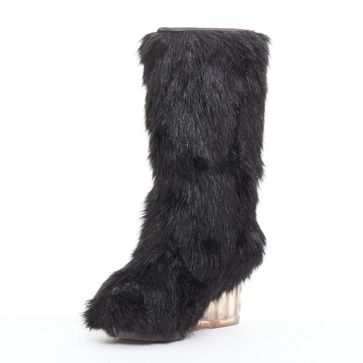 CHANEL 2010 Runway black Yeti faux fur silver CC clear iceberg heel boots EU38.5