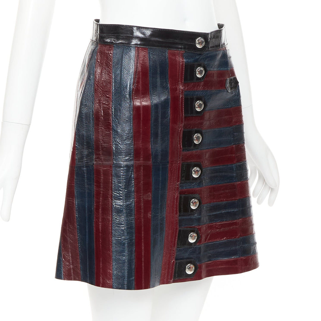 LOUIS VUITTON 2015 Runway burgundy navy eel leather patchwork skirt FR38 M