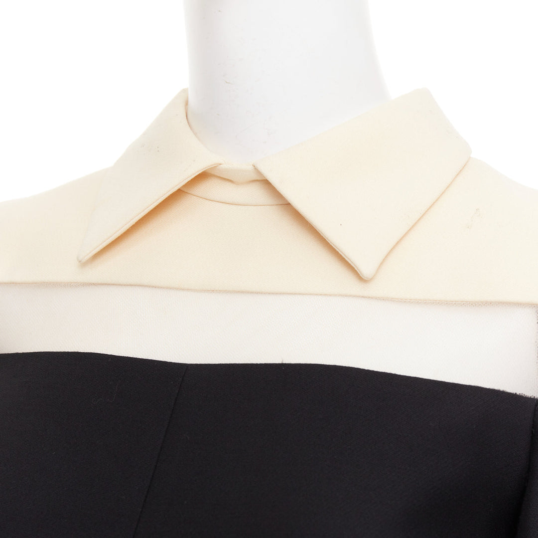 VALENTINO 2014 black beige sheer tulle wool silk inverted pleat dress IT40 S