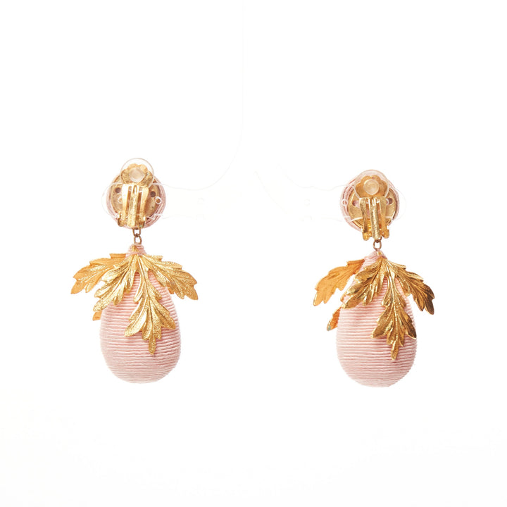 REBECCA DE RAVENEL pink applique gold metal leaf drop clip on earrings