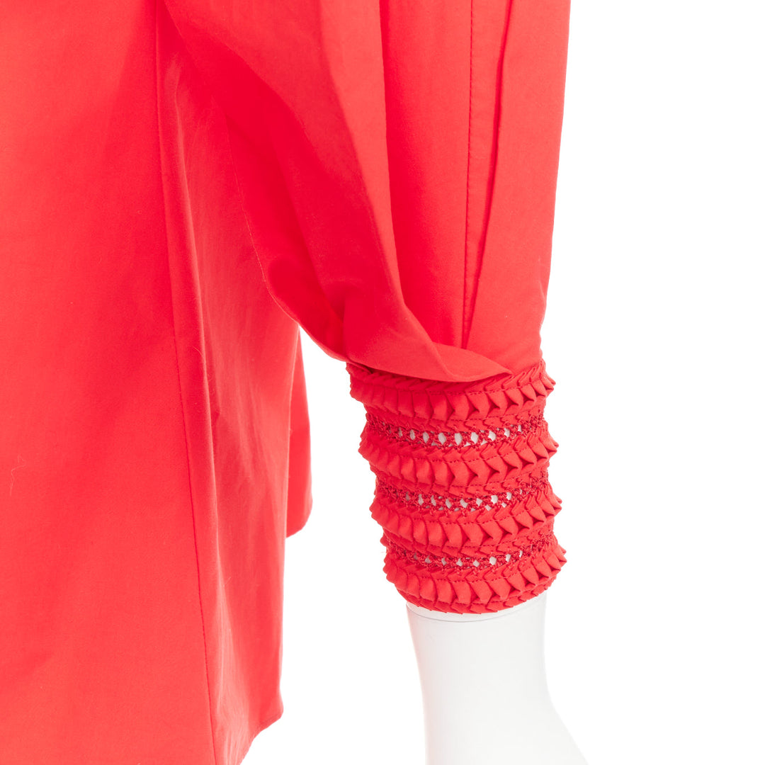 FENDI 2016 Runway red cotton silk ruched knot weave collar peasant top IT38 XS