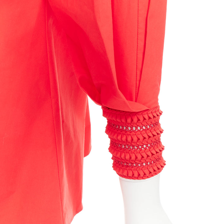 FENDI 2016 Runway red cotton silk ruched knot weave collar peasant top IT38 XS