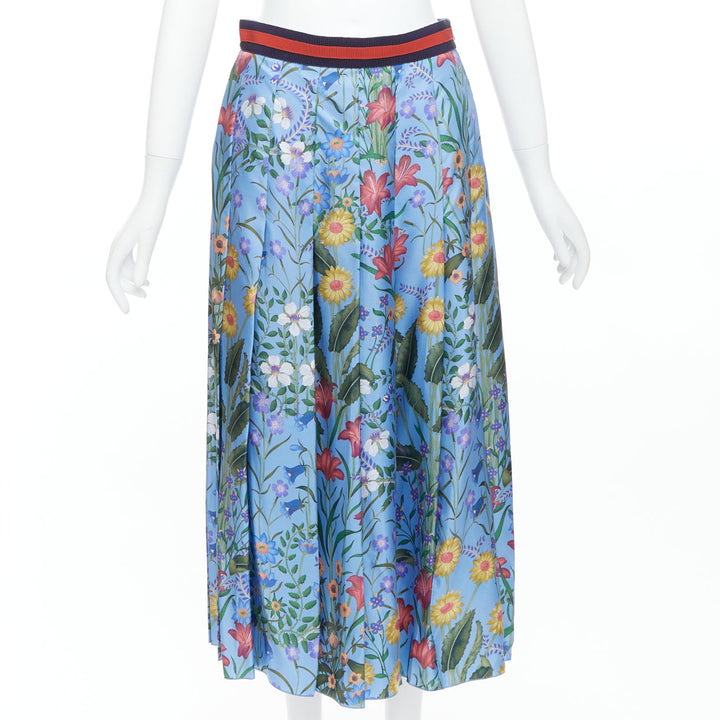 GUCCI 2016 New Flora 100% silk blue bloom pleated skirt IT42 M