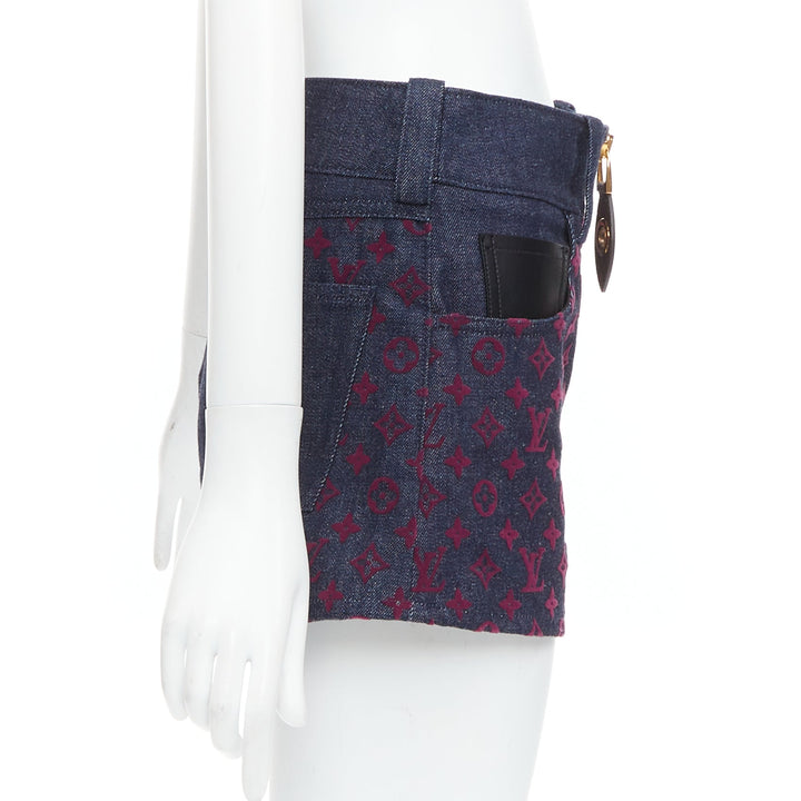 LOUIS VUITTON Flocked Monogram burgundy blue monogram denim shorts XS