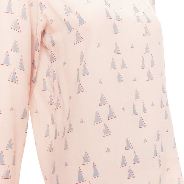 VALENTINO 100% silk blush pink grey triangle print tie neck blouse US4 S