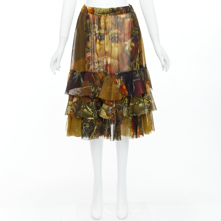 rare COMME DES GARCONS 2018 Vertumnus brown painting sheer chiffon tier skirt S