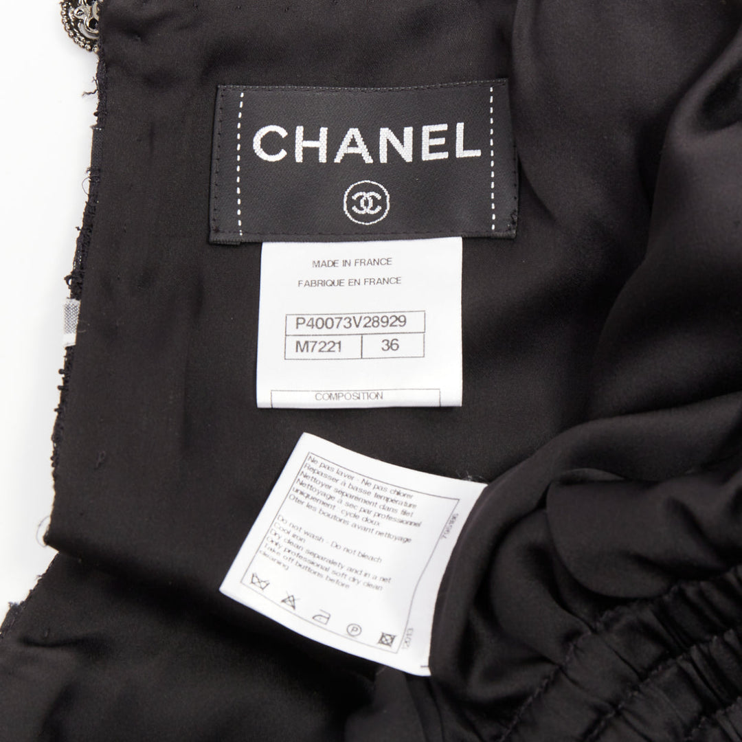 CHANEL 2011 black white checkered frayed tweed buttons ruched mini dress FR36 S