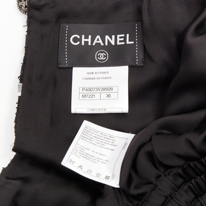 CHANEL 2011 black white checkered frayed tweed buttons ruched mini dress FR36 S