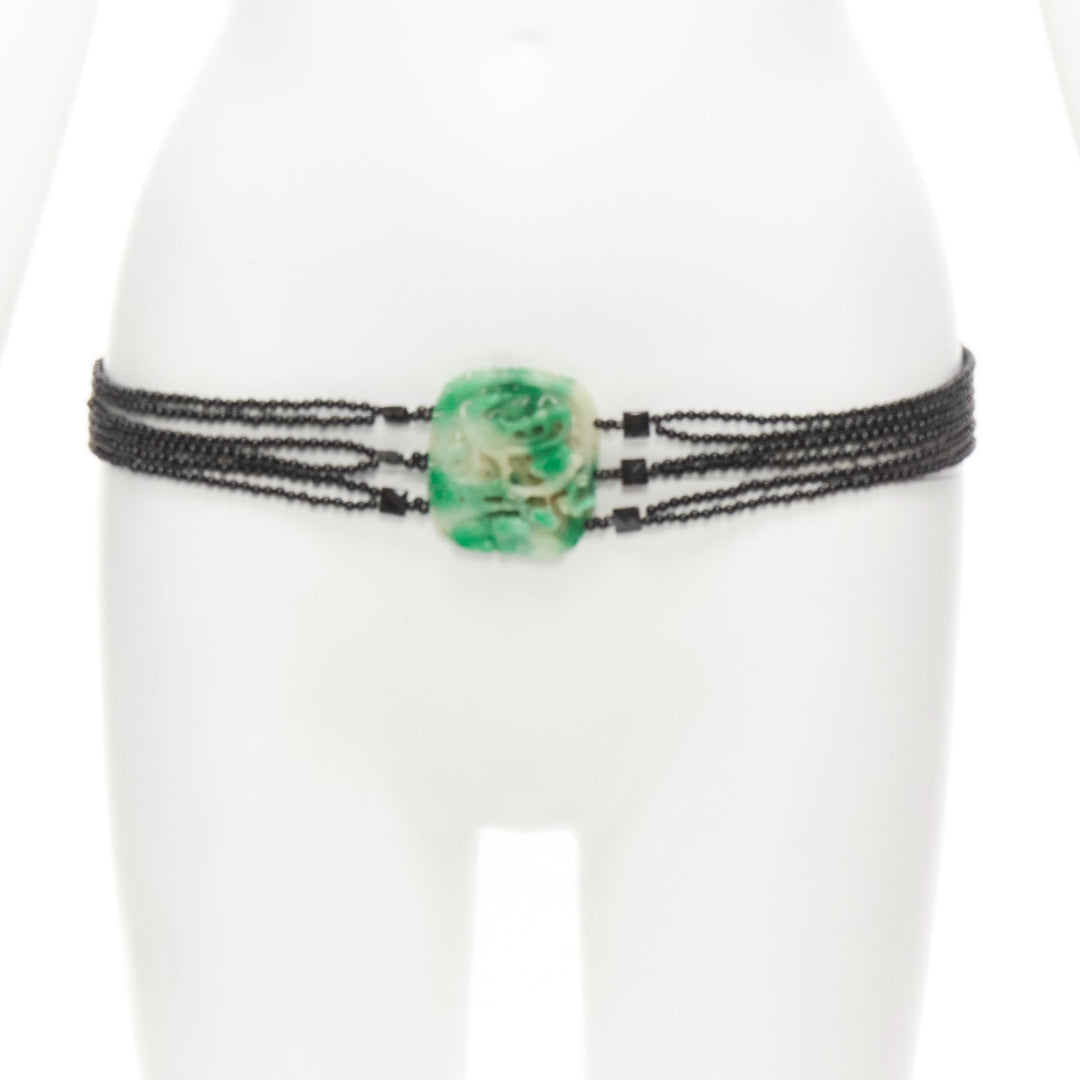 JENNIFER POLLOCK green oriental chinese stamp jade black beads chain belt