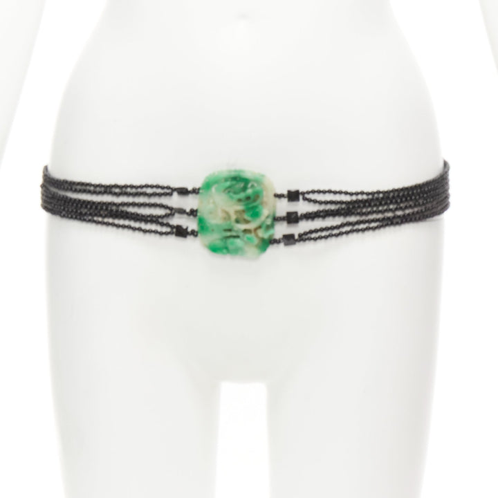 JENNIFER POLLOCK green oriental chinese stamp jade black beads chain belt
