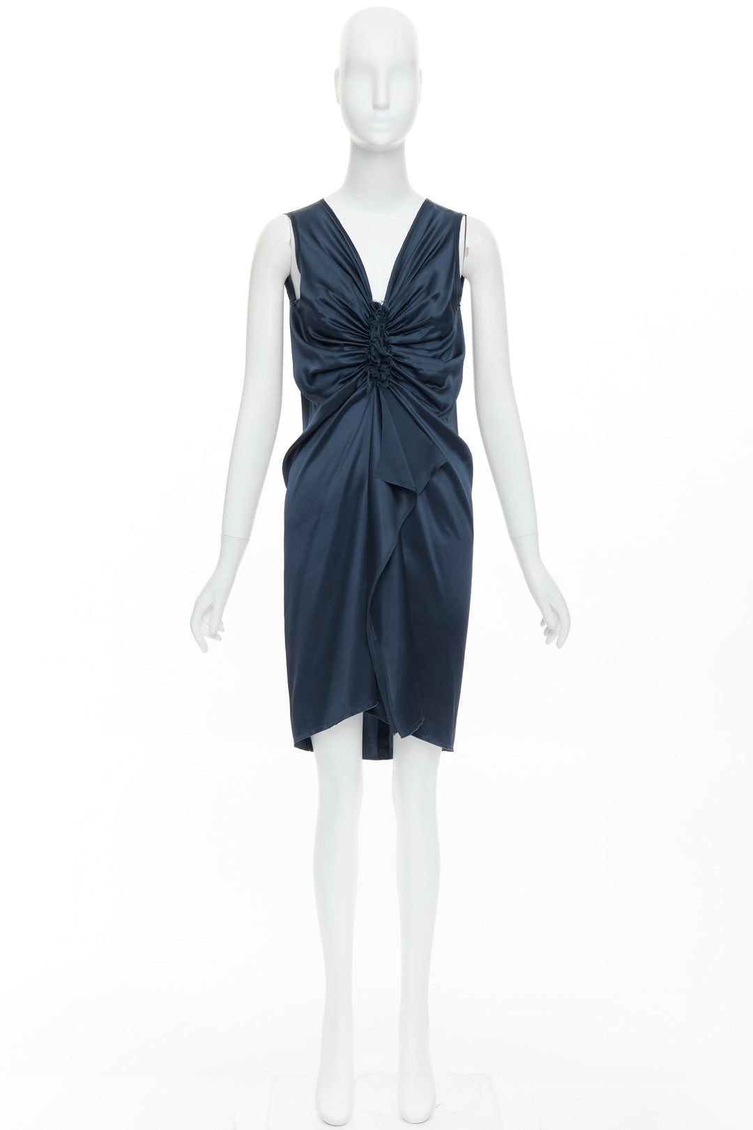 LANVIN 2007  Alber Elbaz  midnight blue silk gathered ruched draped dress FR38 M