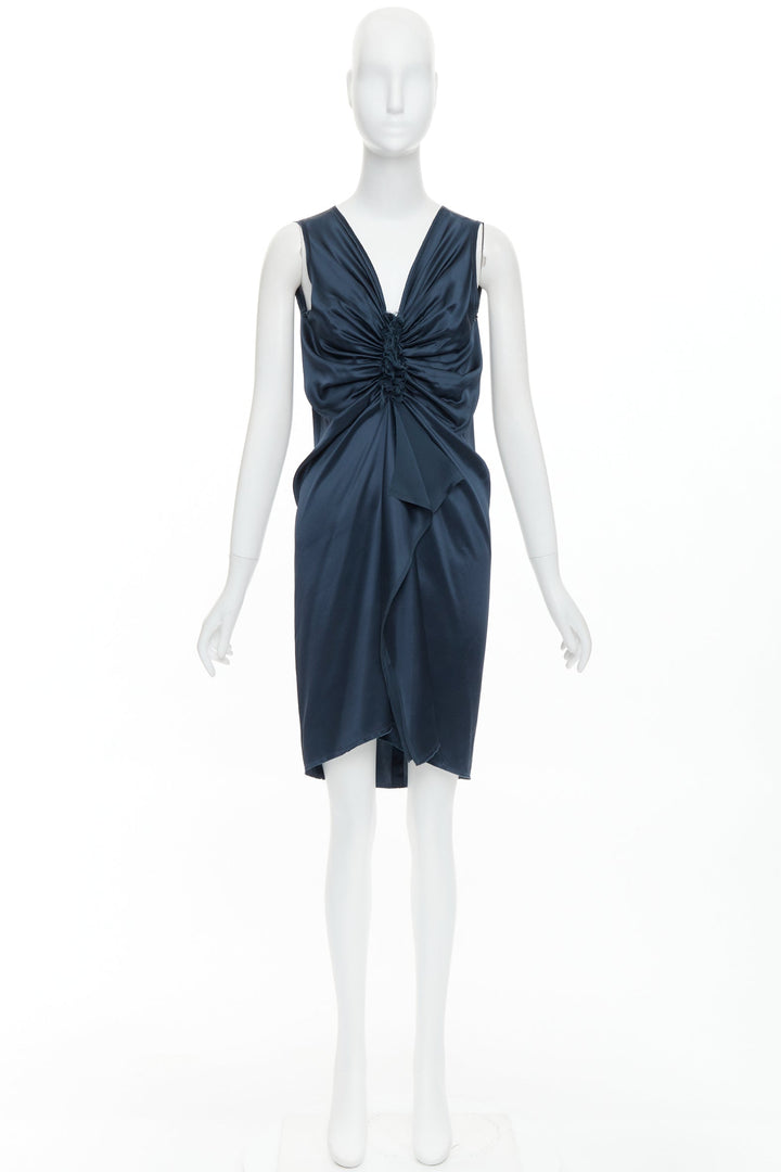 LANVIN 2007  Alber Elbaz  midnight blue silk gathered ruched draped dress FR38 M