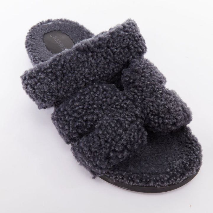 HERMES Chypre grey shearling H adjustable strap techno sandal EU41