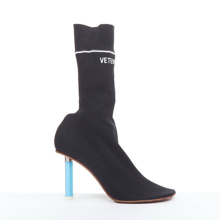 VETEMENTS Demna Blue Cigarette Lighter high heel logo sock knit boots EU37