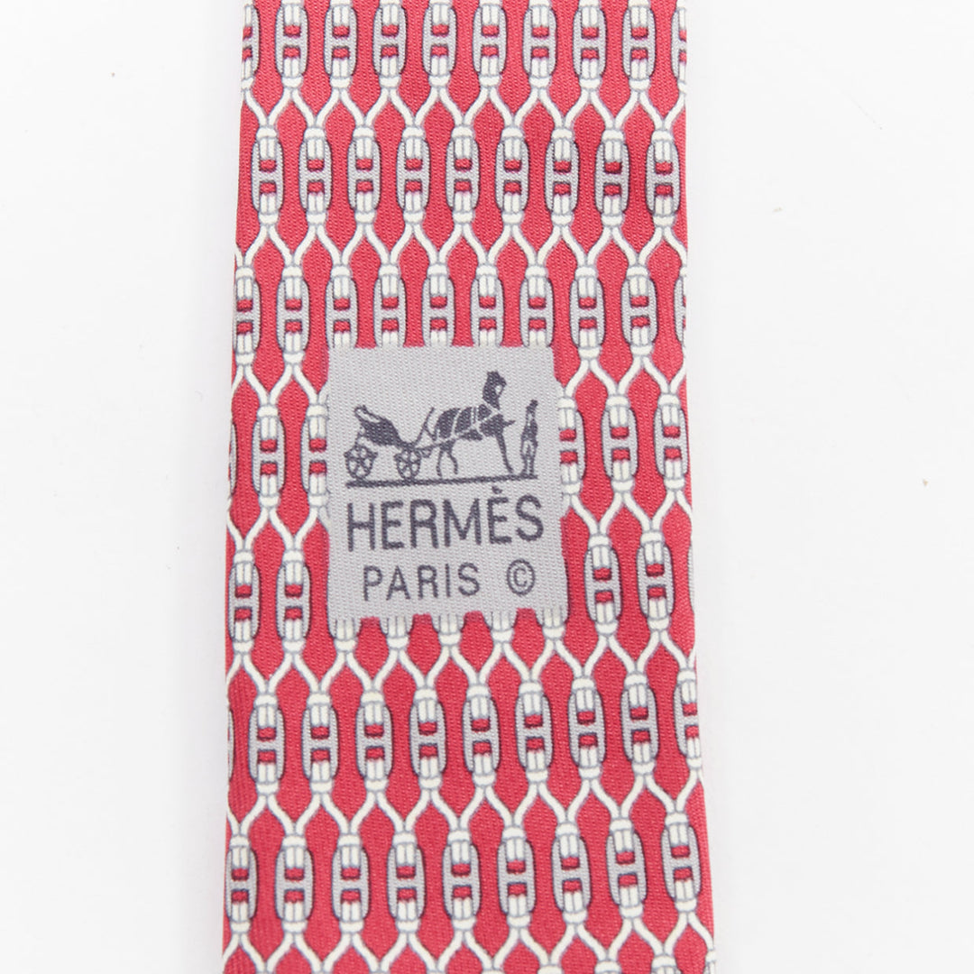 HERMES 7199 UA red grey signature H chain lock print silk tie