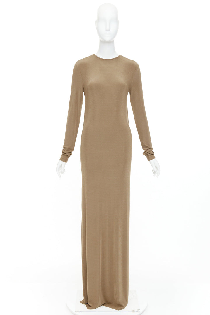 SAINT LAURENT 2024 beige viscose blend knit knot open back gown dress M