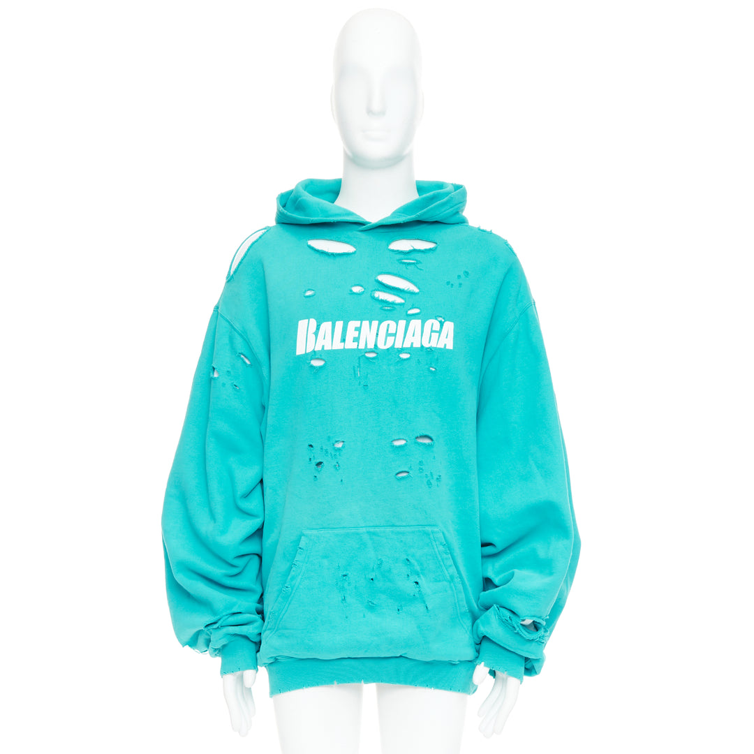 BALENCIAGA Demna 2020 teal destroyed ripped layered logo hoodie S