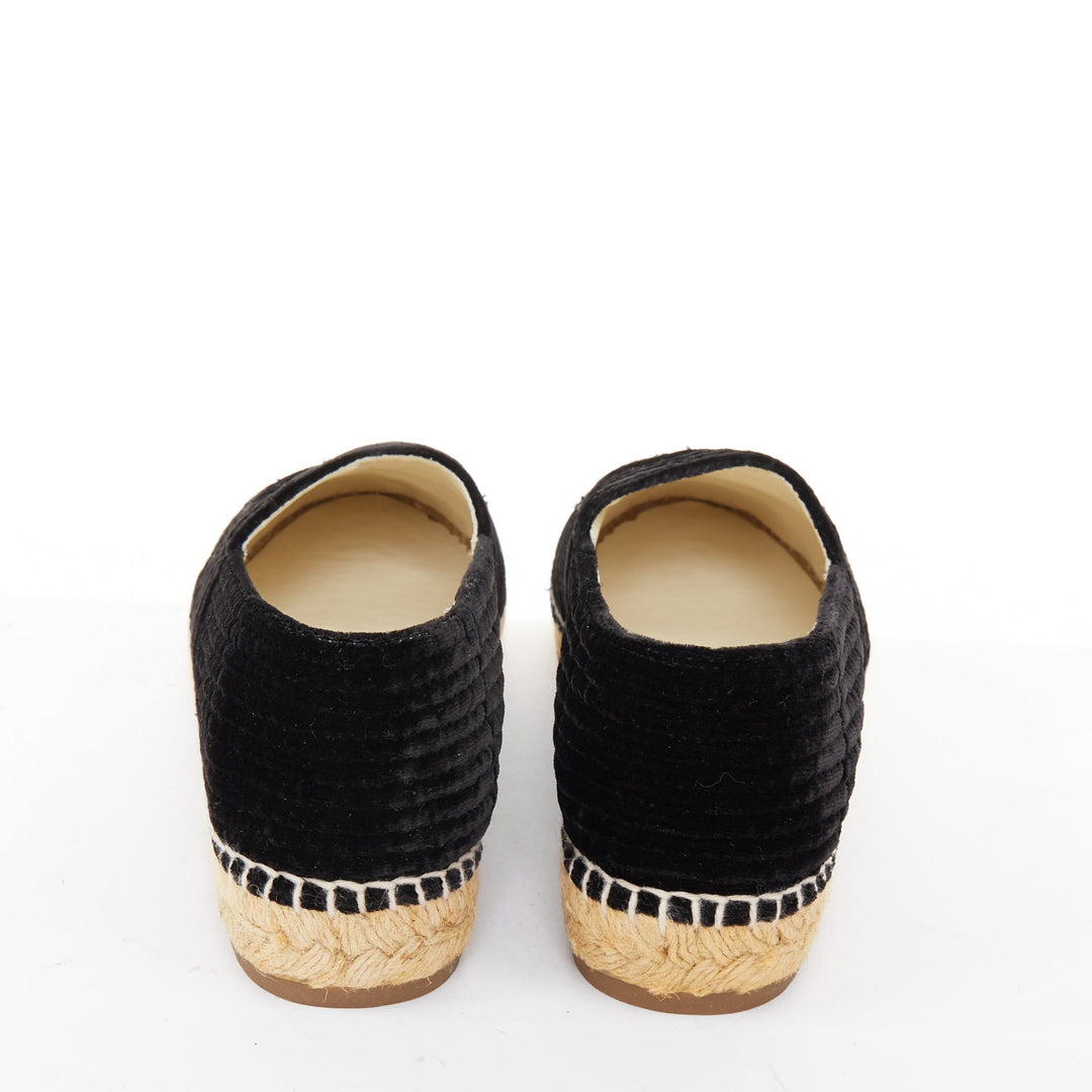 CHANEL black velvet grosgrain CC logo cap toe slip on flat espadrilles EU39