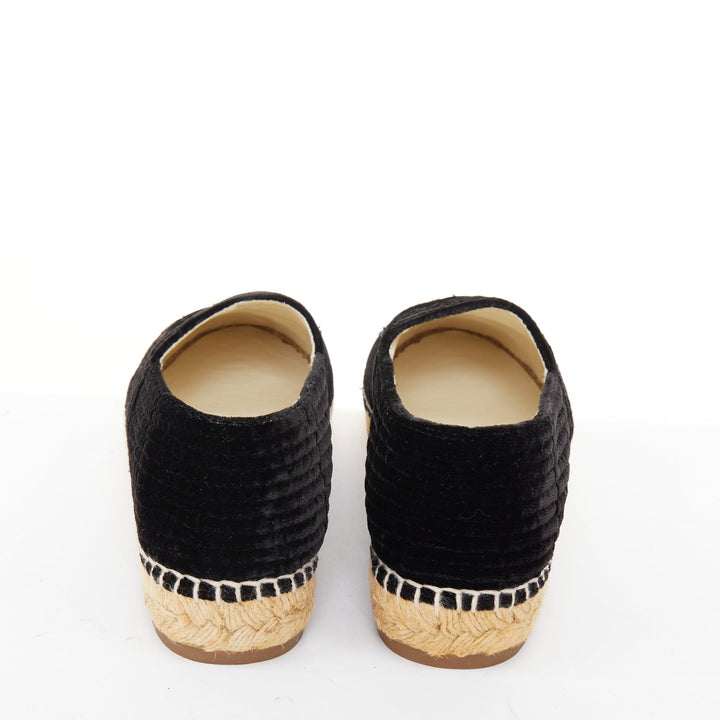 CHANEL black velvet grosgrain CC logo cap toe slip on flat espadrilles EU39