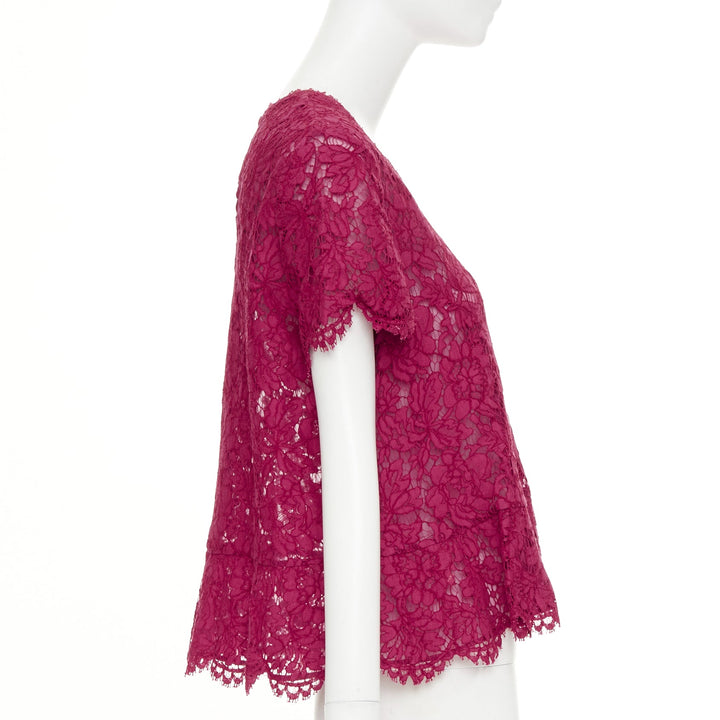 VALENTINO raspberry pink floral lace semi sheer peplum short sleeve top M