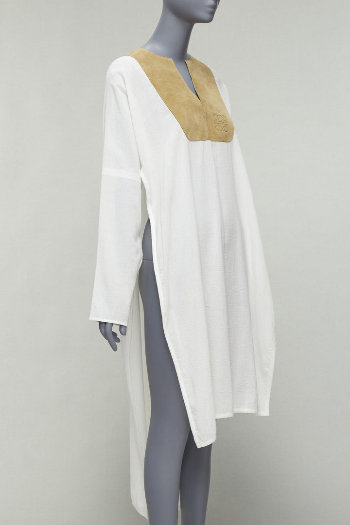 LOEWE white cotton brown suede logo anagram lambskin collar tunic shirt S