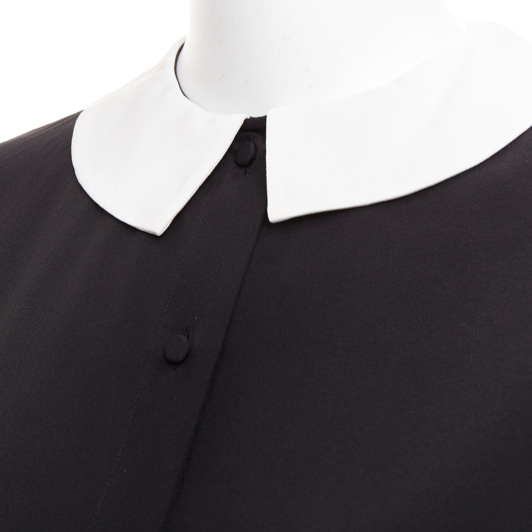 SAINT LAURENT 2014 black cream silk peter pan collar cap sleeve blouse FR36 S