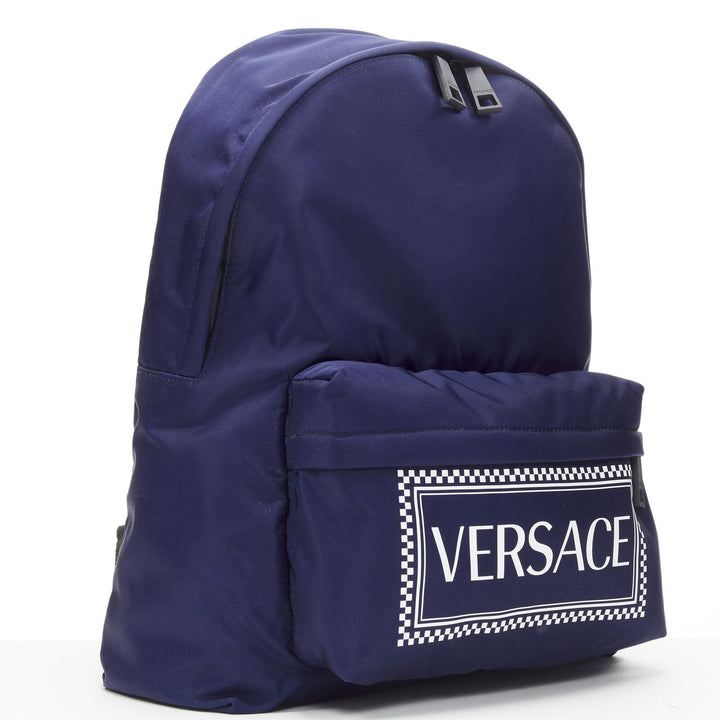 VERSACE 90's Box Logo navy blue nylon Greca strap backpack