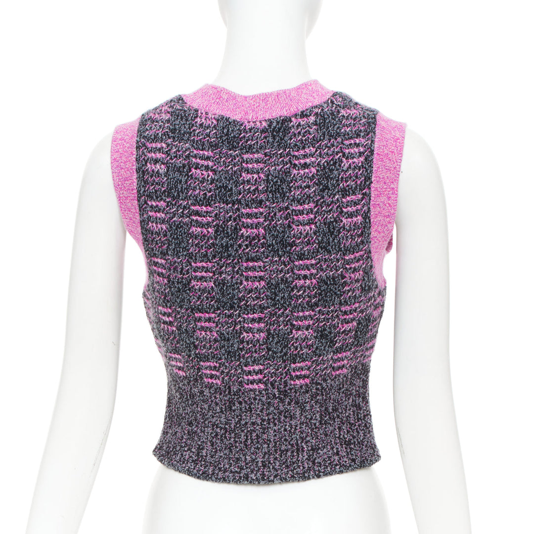 CHANEL 2022 Runway check cc plaque fuchsia trim cropped cashmere knit vest FR38