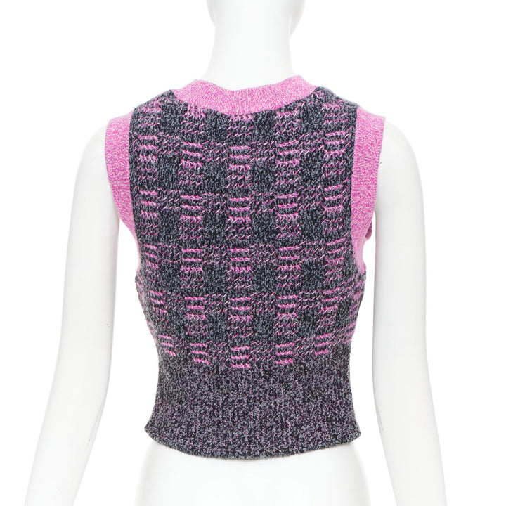 CHANEL 2022 Runway check cc plaque fuchsia trim cropped cashmere knit vest FR38
