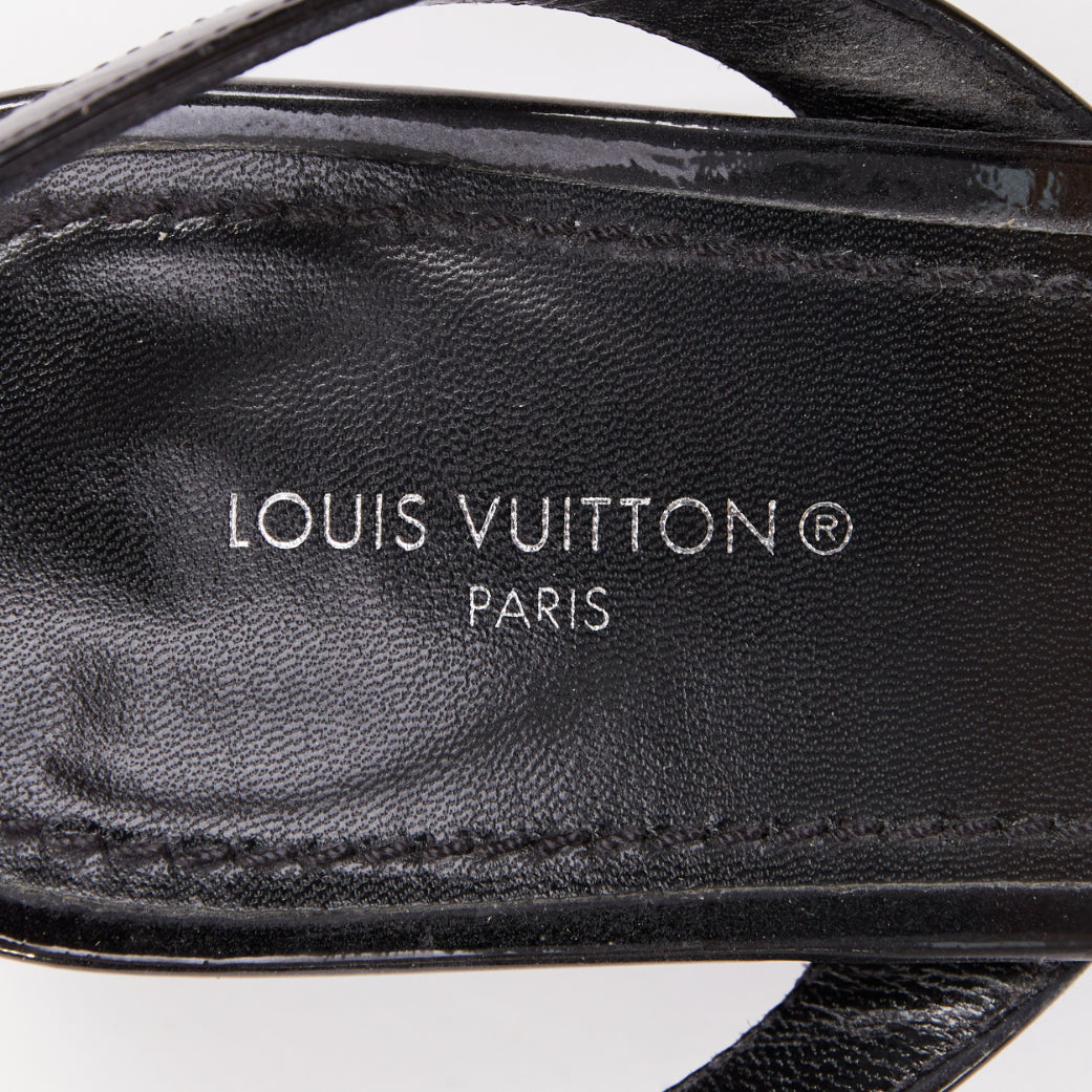 LOUIS VUITTON Vedette black patent brown LV monogram logo sandals EU38