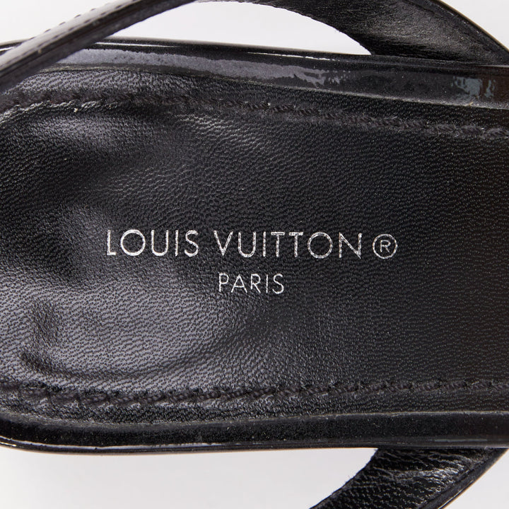 LOUIS VUITTON Vedette black patent brown LV monogram logo sandals EU38