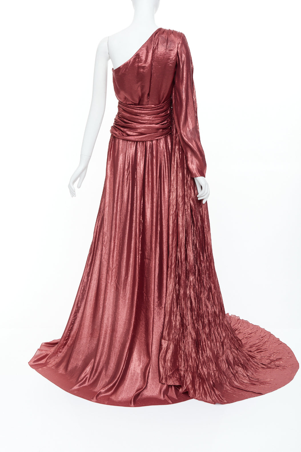 GUCCI 2019 bronze silk blend lame one shoulder asymmetric cape train gown IT40 S