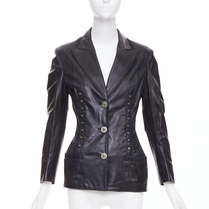 GIANNI VERSACE 1995 Vintage black lambskin silver Medusa hourglass jacket IT40 S