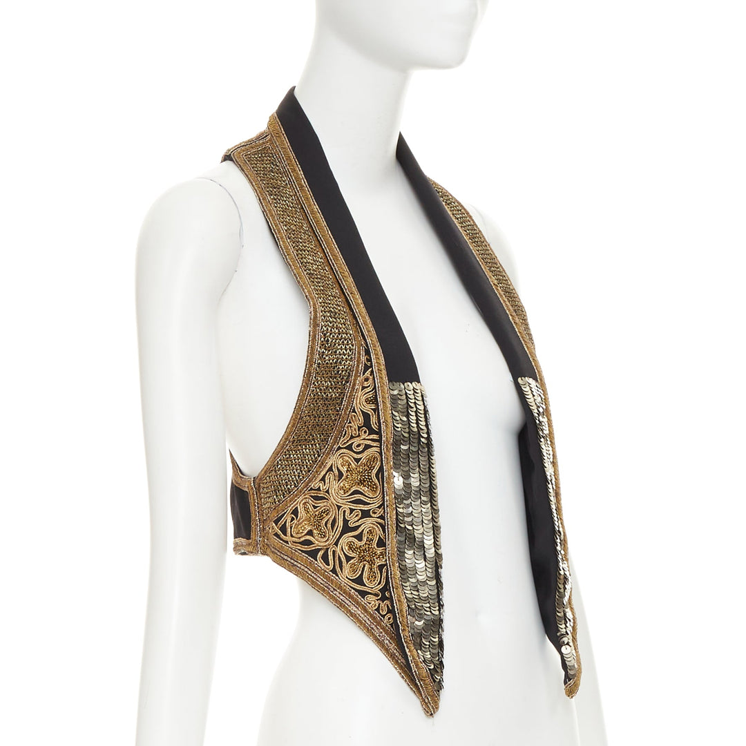 SAINT LAURENT 2017 gold sequins rope bead embellished waistcoat vest FR36 S