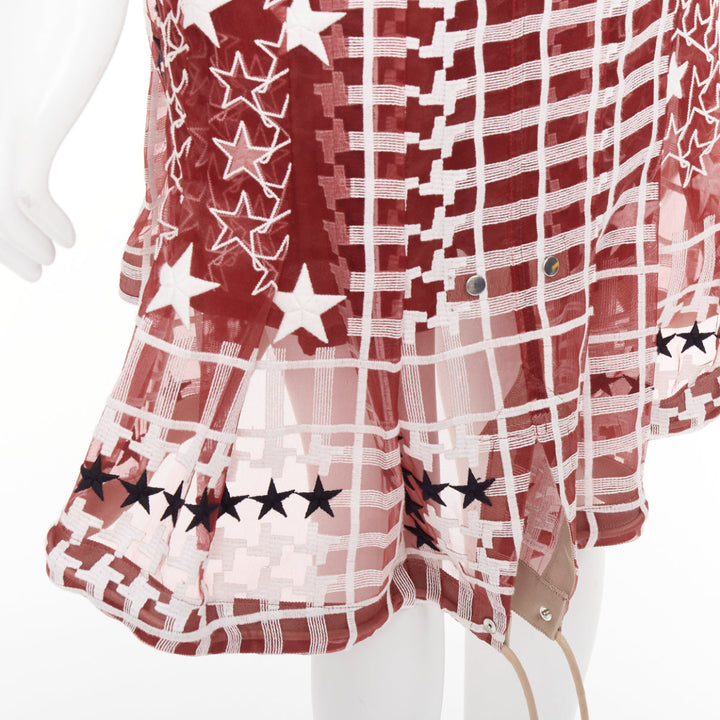 SACAI 2017 red white houndstooth star check sheer leather buckle wrap skirt JP2