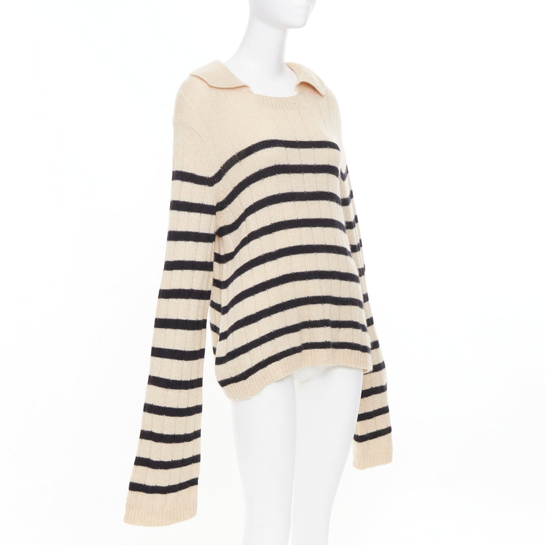 KHAITE 2022 Mateo Butter Black Stripe ribbed cashmere wide collar sweater S