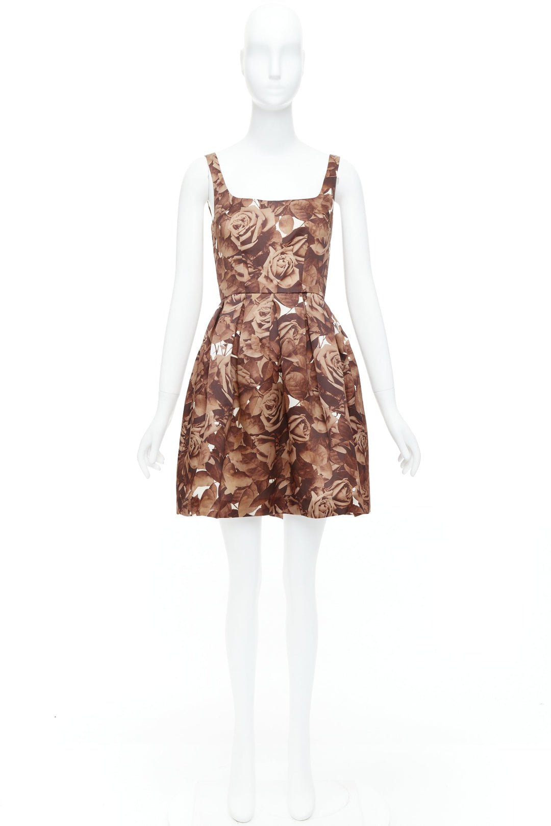 CHRISTOPHER KANE 100% silk brown rose floral print fit flare dress UK8 S