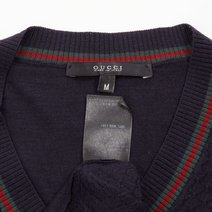GUCCI navy 100% wool green red web v neck long sleeve sweater M
