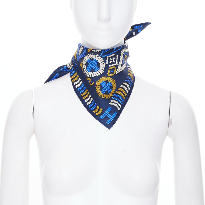 HERMES Gavroche 45 Kelly en Perles bead print navy blue silk twill scarf