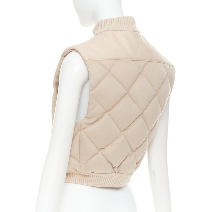 HERMES beige quilted waterproof 100% cashmere lambskin down puffer vest FR34 XXS