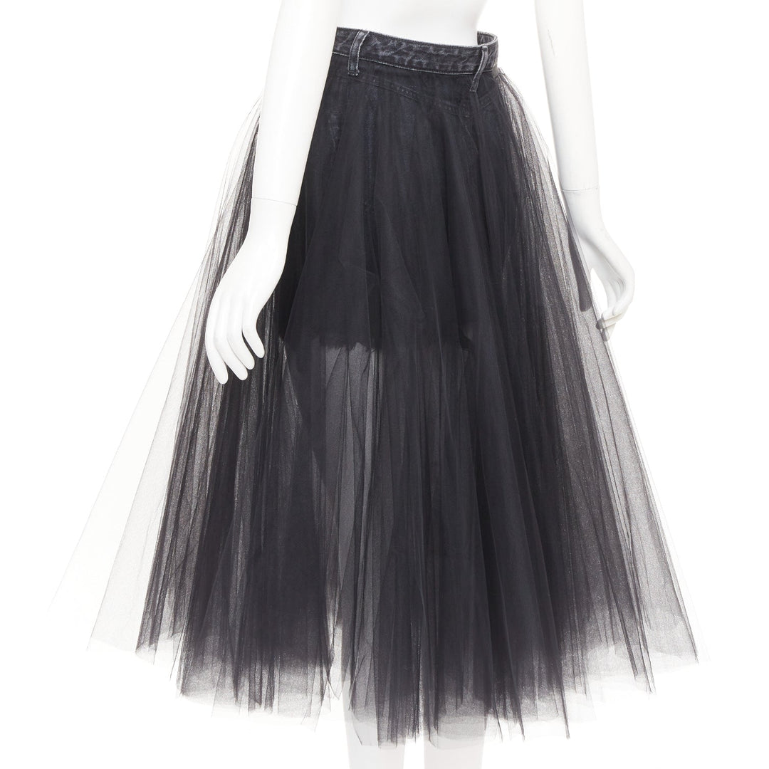 UNRAVEL PROJECT Ben Taverniti black denim tulle layered midi tutu skirt 25"