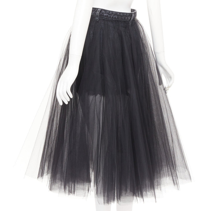 UNRAVEL PROJECT Ben Taverniti black denim tulle layered midi tutu skirt 25"