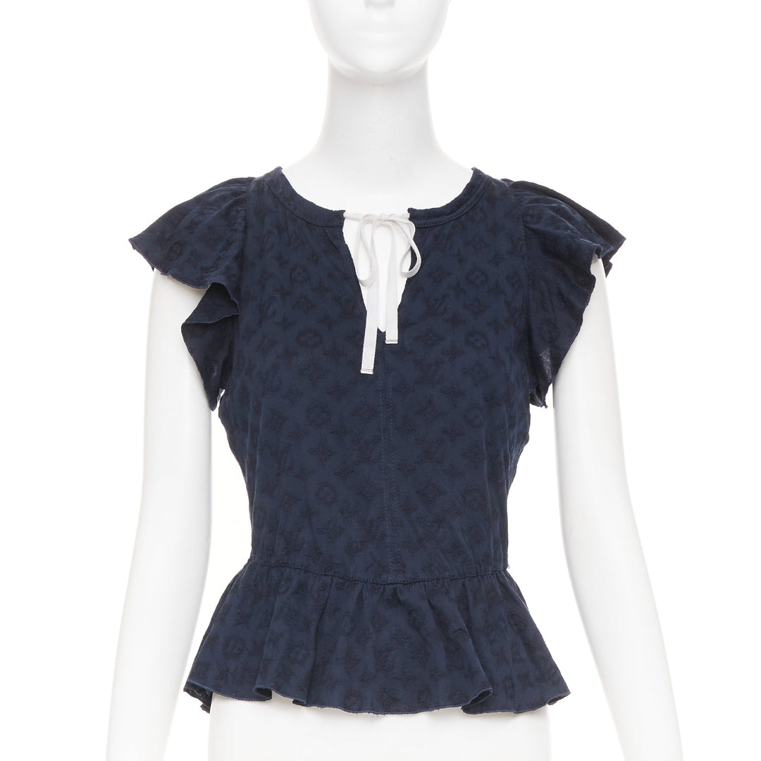 LOUIS VUITTON black monogram denim ruffle keyhole cap sleeve peplum blouse S