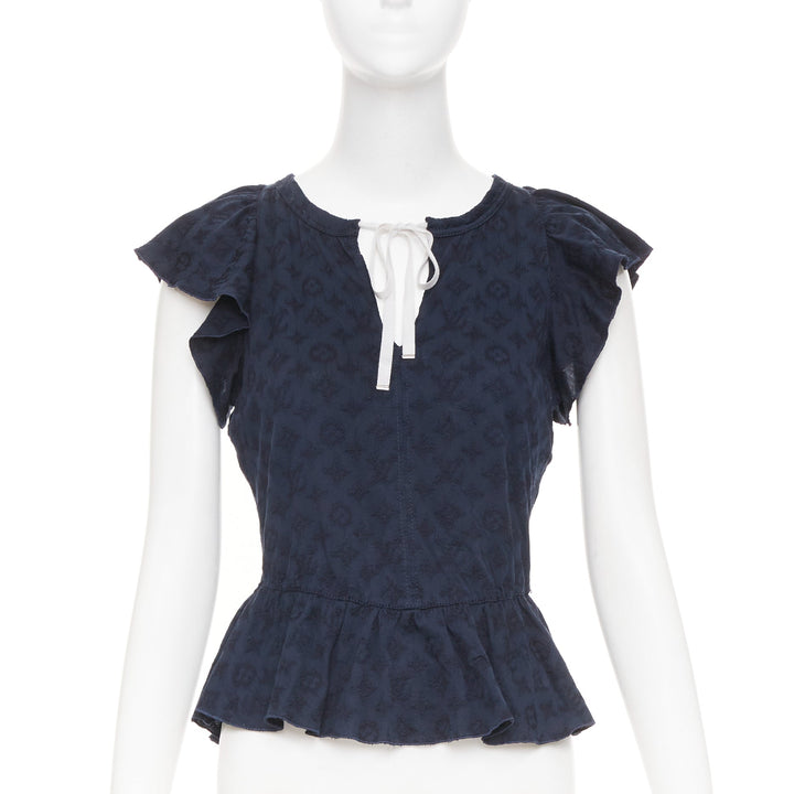 LOUIS VUITTON black monogram denim ruffle keyhole cap sleeve peplum blouse S