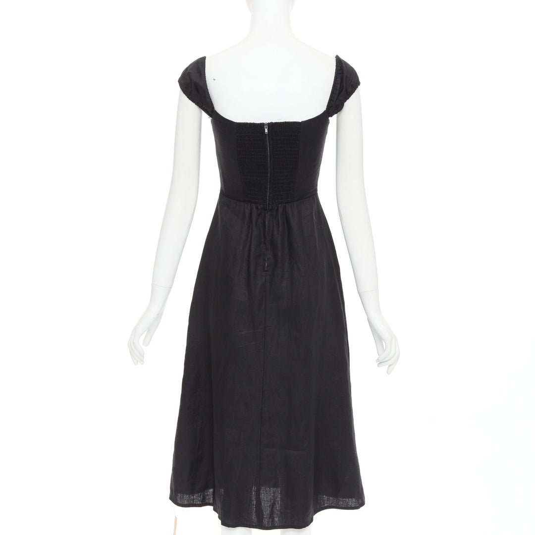 REFORMATION Bridgton black 100% linen cap sleeves sweetheart midi dress US2 S
