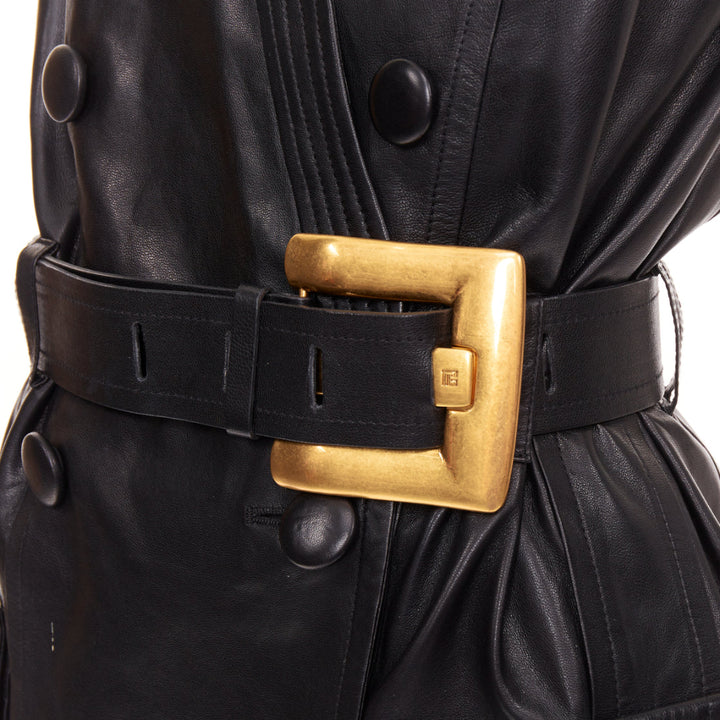 BALMAIN black lambskin leather XL gold buckle belted dress FR34 XXS