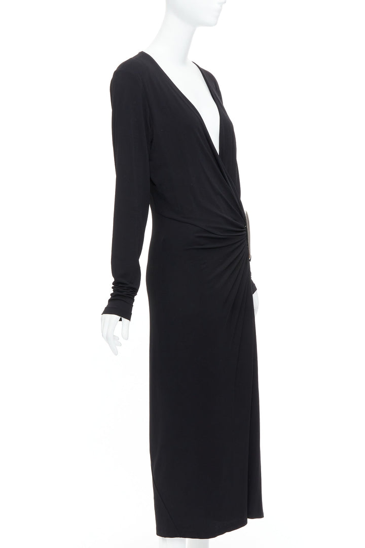 DONNA KARAN Vintage black viscose blend plunge silver buckle drape midi dress L