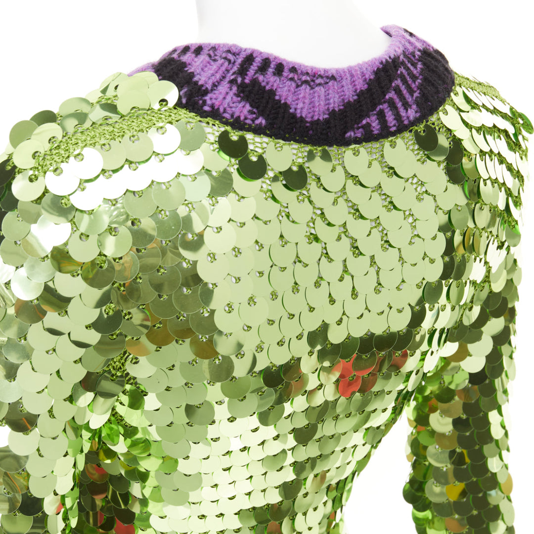 PRADA 2021 Runway green sequin paillettes purple jacquard trim dress IT38 XS